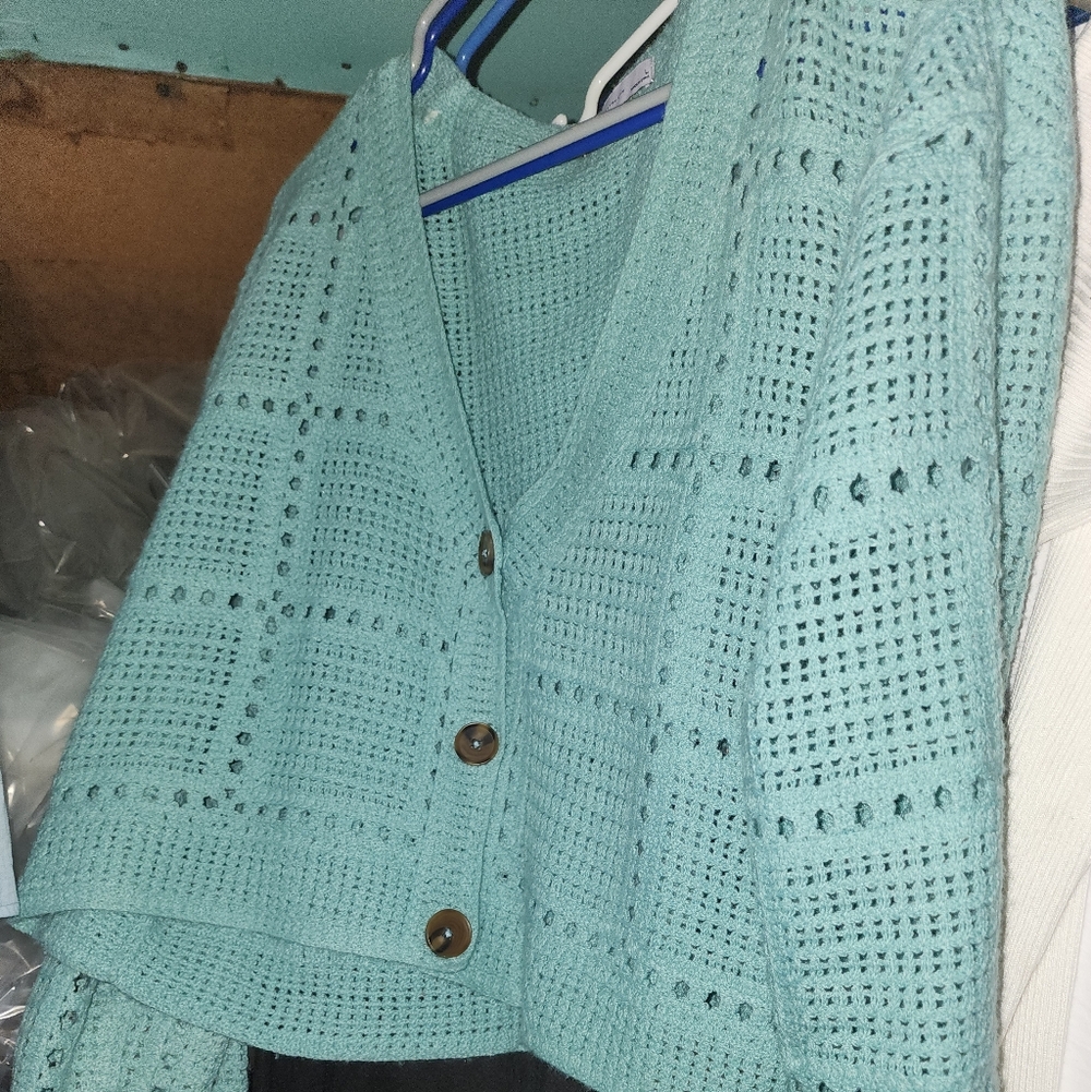 Light Aqua Openwork Button-Front Women's Sweater Cardigan